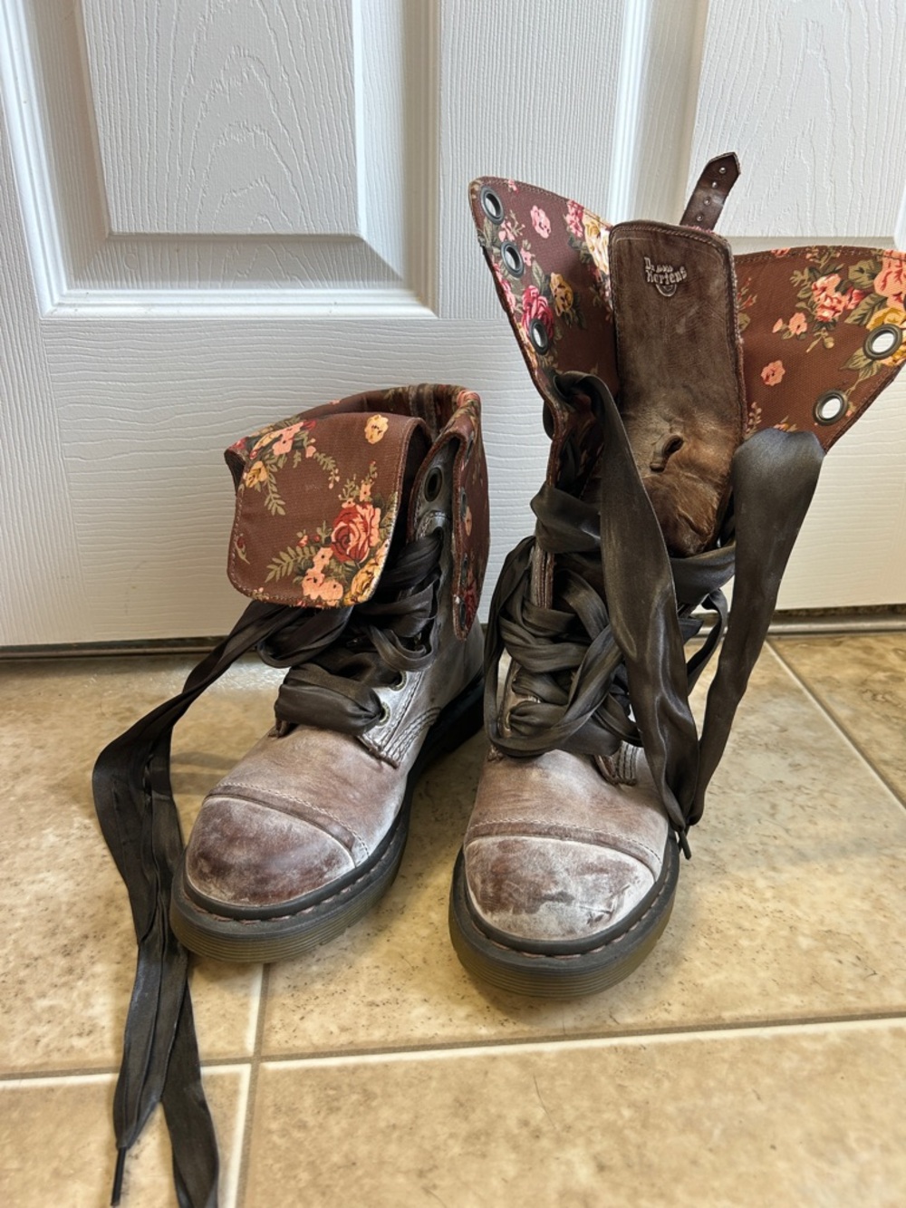 Dr. Martens Brown Leather Lace-Up Boots with Floral Interior